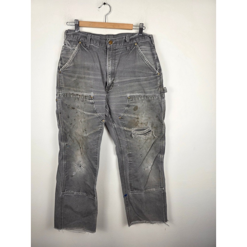 Carhartt B01 GVL Double Knee Work Pants Mens 34x30 Gray Distressed Thrashed Duck